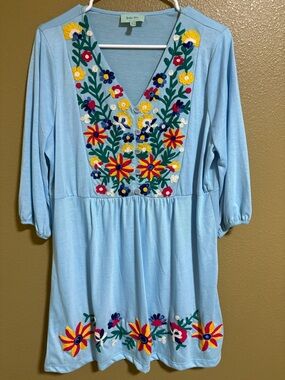 Aruba Blue Dress/blouse Large Embroidered 3/4 Sleeves Whimsical Spring Sz XL